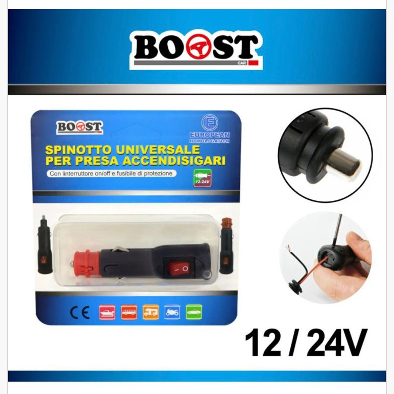 BOOST - Universal plug for cigarette lighter socket with button 12/24V