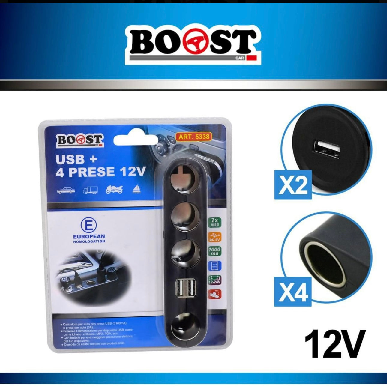 BOOST - car cigarette lighter 4 sockets + 2 usb 12V