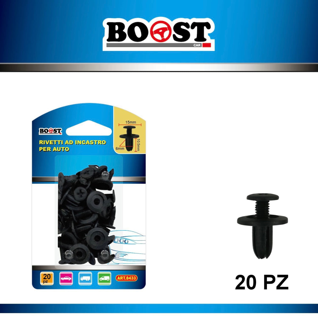 BOOST - snap-in rivets for cars 15x10.5x6mm 20pcs