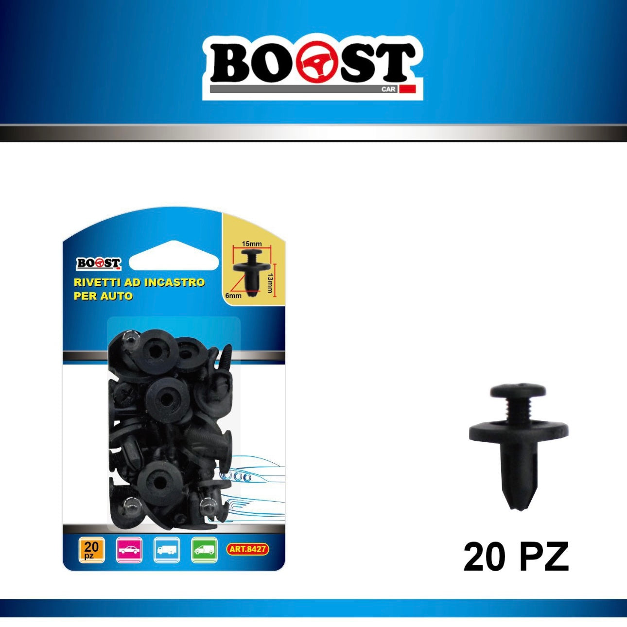 BOOST - snap-in rivets for cars 15x13x6mm 20pcs