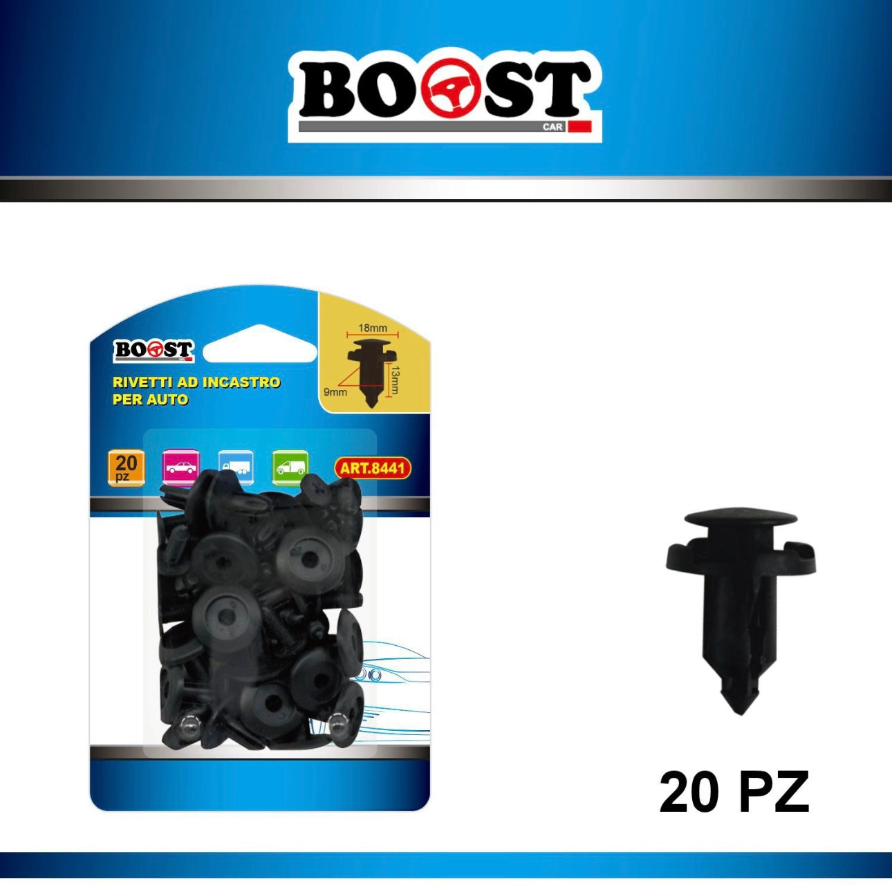 BOOST - snap-in rivets for cars 18x13x9mm 20pcs