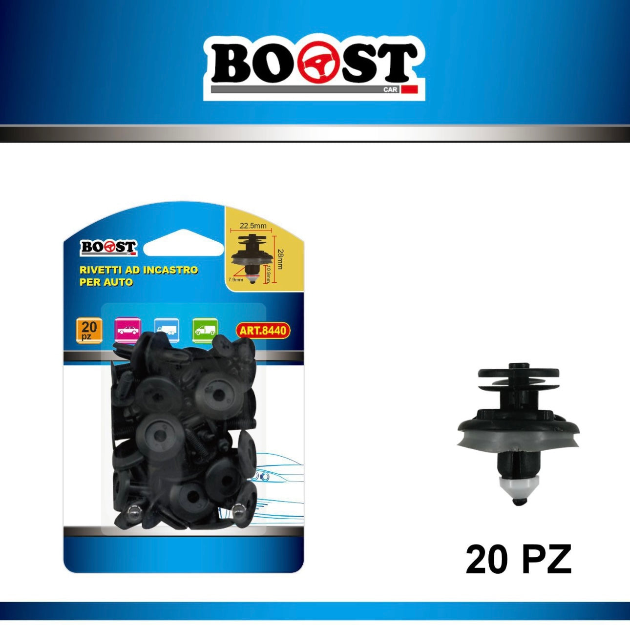 BOOST - snap-in rivets for cars 22.5x28x7.9mm 20pcs