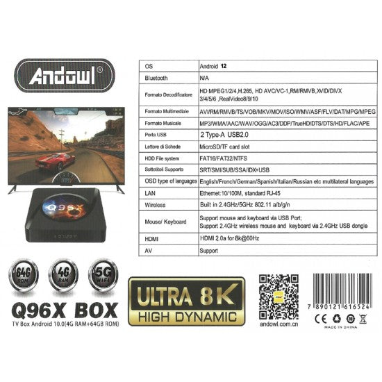 ANDOWL Q96X - TV Box 8K UHD with WiFi 4GB RAM and 64GB Storage with Android 12 Operating System