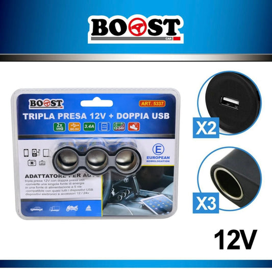 BOOST - car cigarette lighter 3 sockets + 2 USB 12V