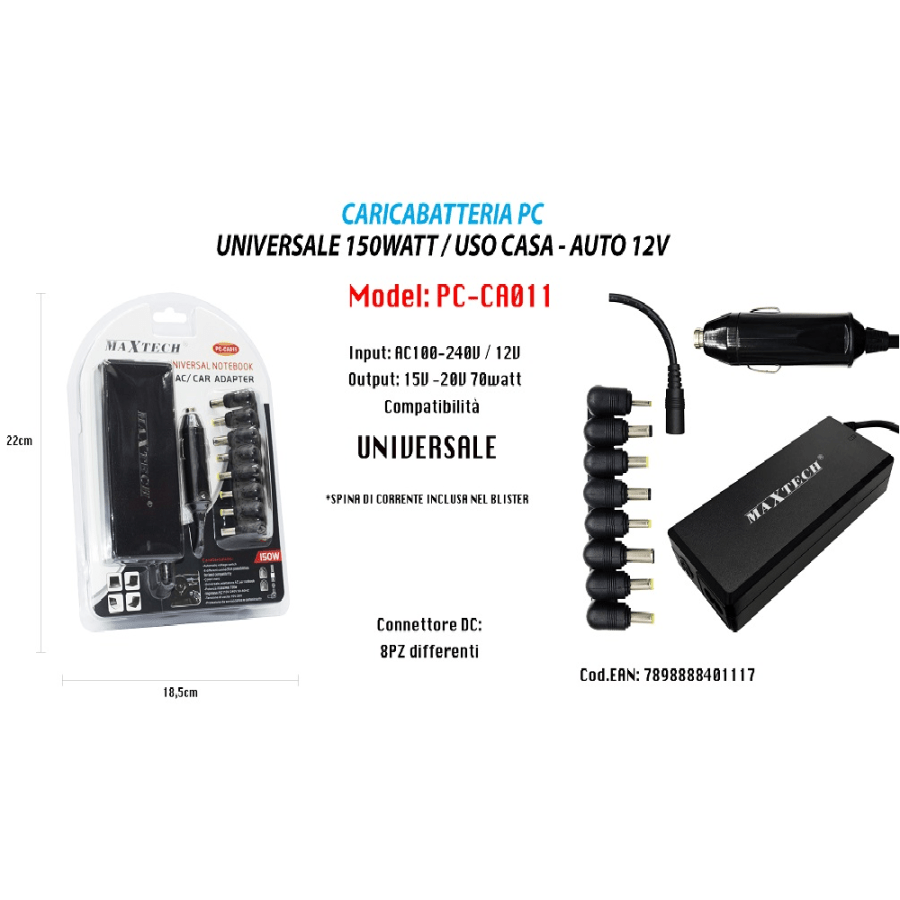 MAXTECH PC-CA011 - Universal Notebook AC/CAR Adapter